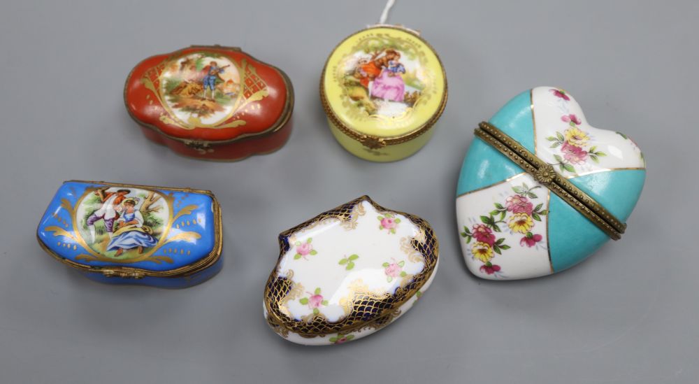 Five enamelled trinket boxes including Staffordshire and Limoges